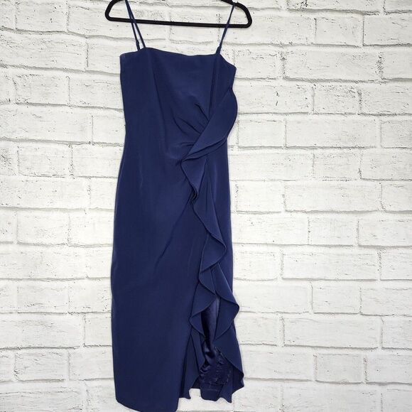 Bardot Carmella Midi Dress Womens Size 6 Small Navy Blue Ruffle Gown Party Prom - Picture 1 of 12